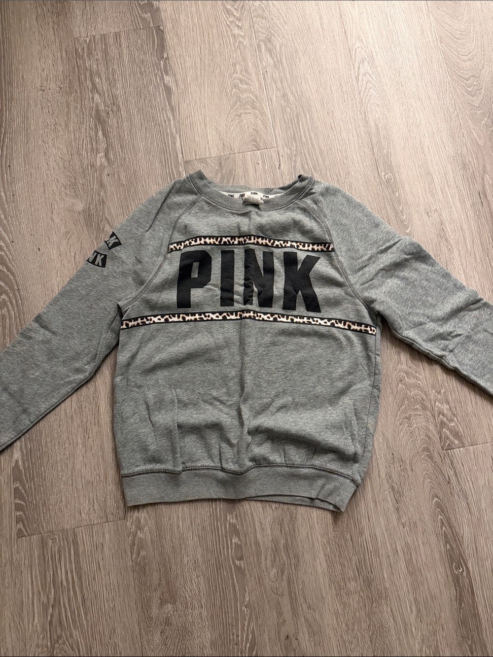 PINK Victoria's Secret Gray Crewneck with Leopard Trim